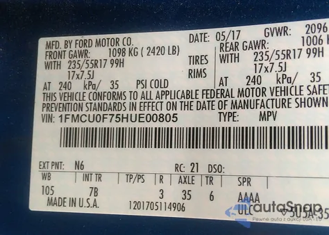 2017 Ford Escape S z USA, uszkodzony, nr VIN 1FMCU0F75HUE00805